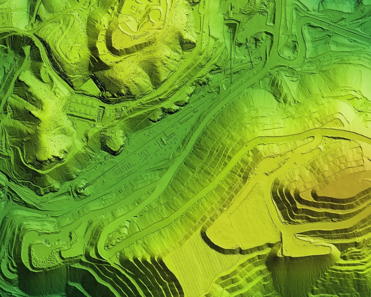 Digital elevation model (DEM) in green showing elevation of land.