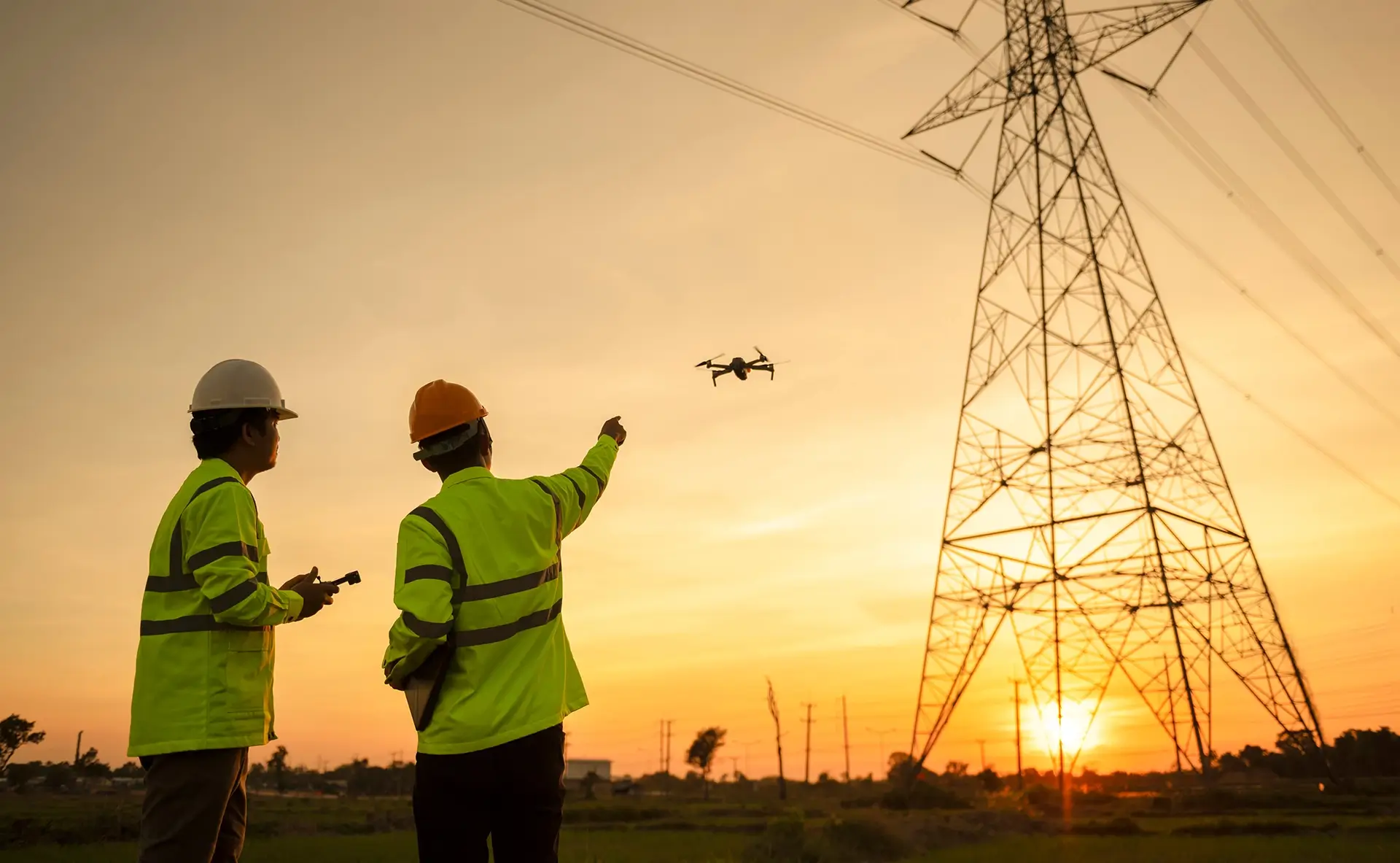 Two workers in hi-vis and hard hats with a drone at sunset pointing at a pylon.