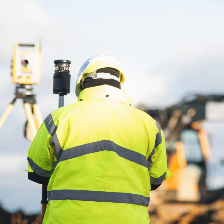 Back of a man wearing a hi-vis jacket and hard hat using surveying equipment.