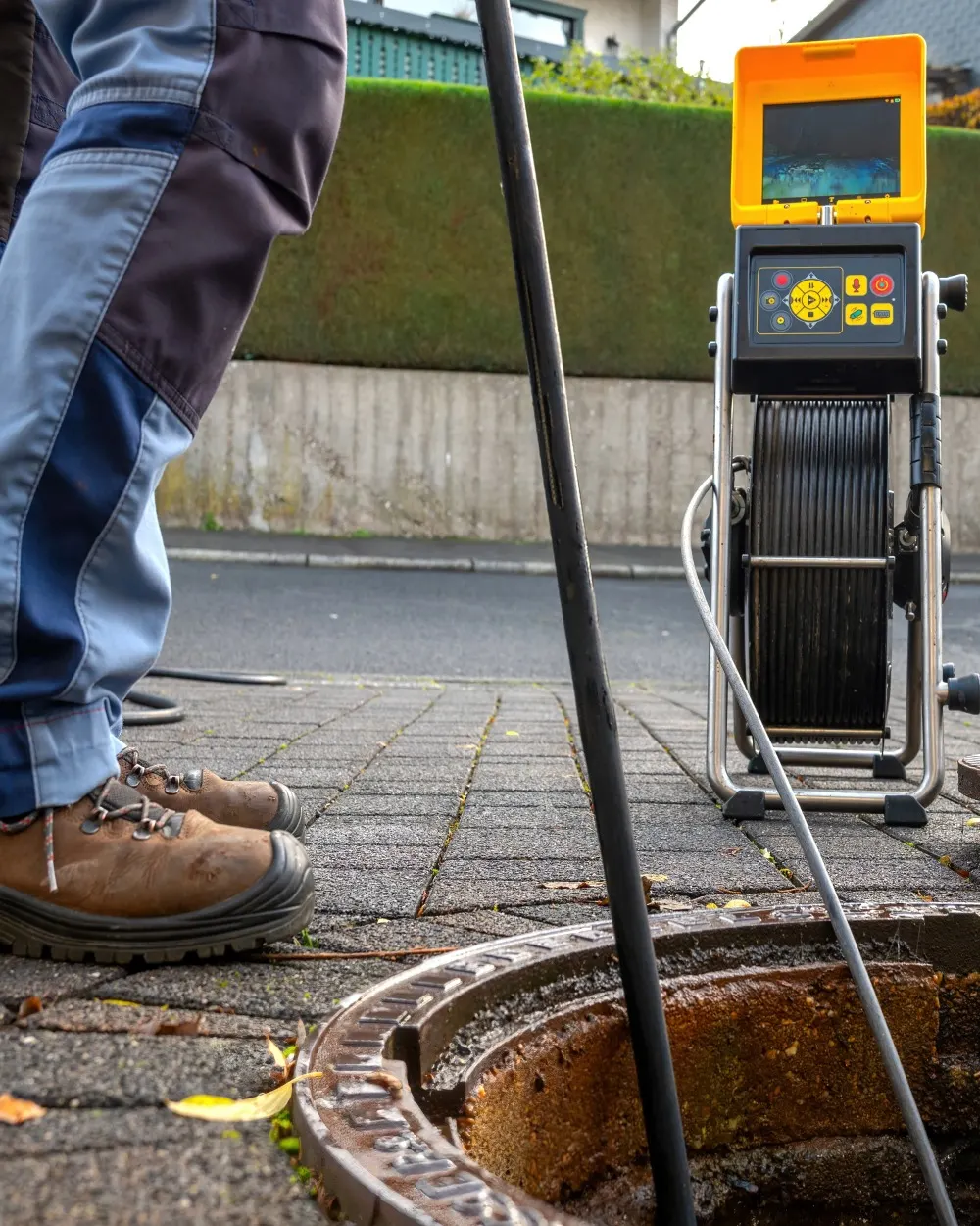 Person sending cable down open manhole using CCTV equipment.