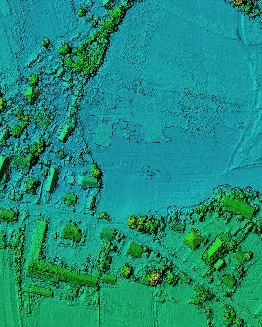Digital Elevation Model (DIM) showing buildings scattered around field.