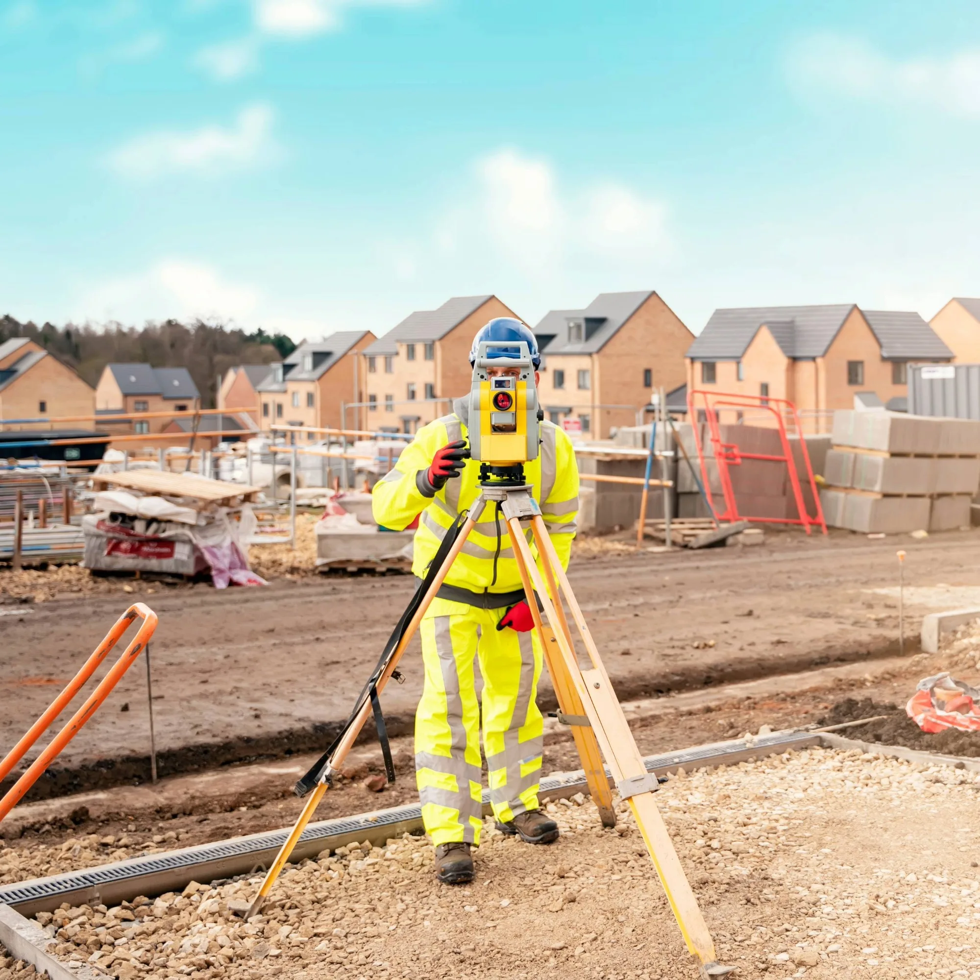 A surveyor taking images on a construction site.