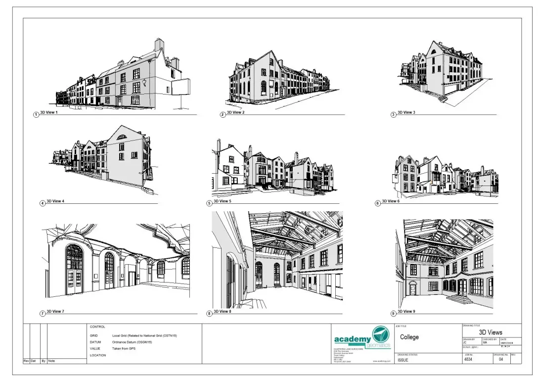 A set of 3d Building Models showing both interiors and exteriors.