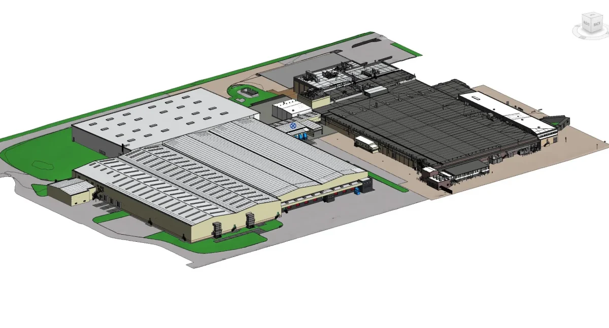 A coloured 3D Building Model of a large industrial site.