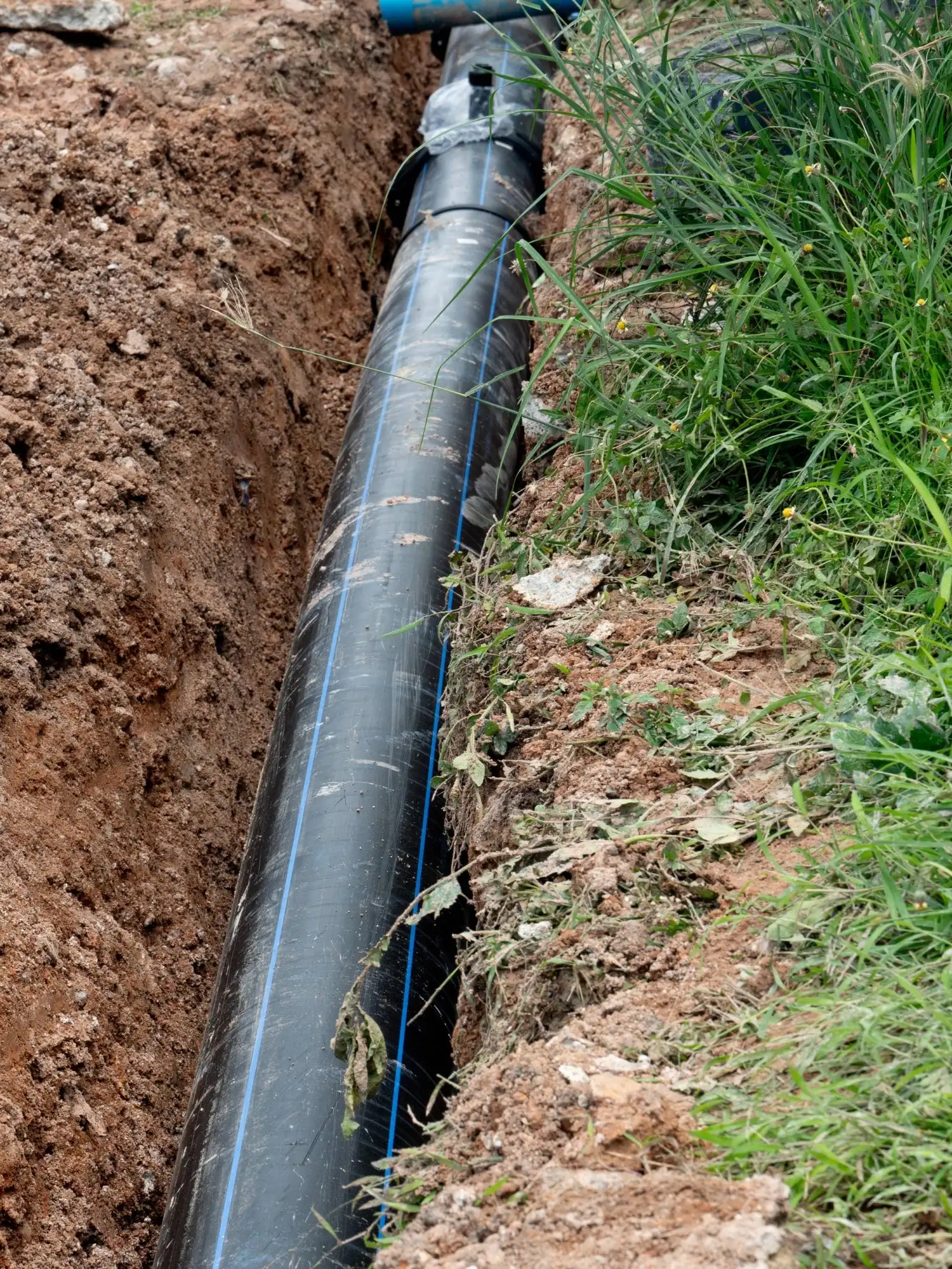 An underground water pipe in between dirt and grass.
