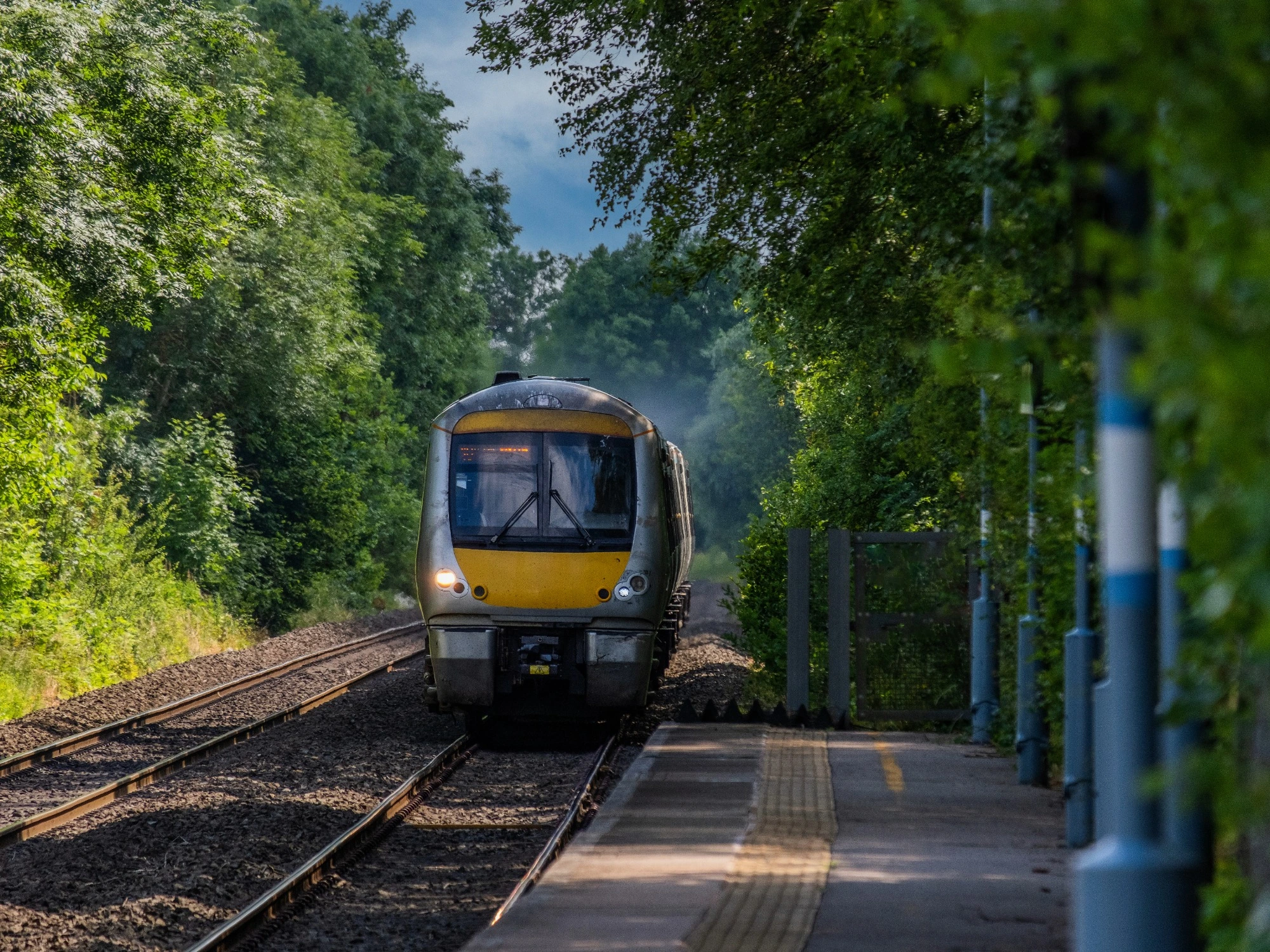 An oncoming train pulling into a small station through trees either side of the railway and dappled sunlight over the tracks.