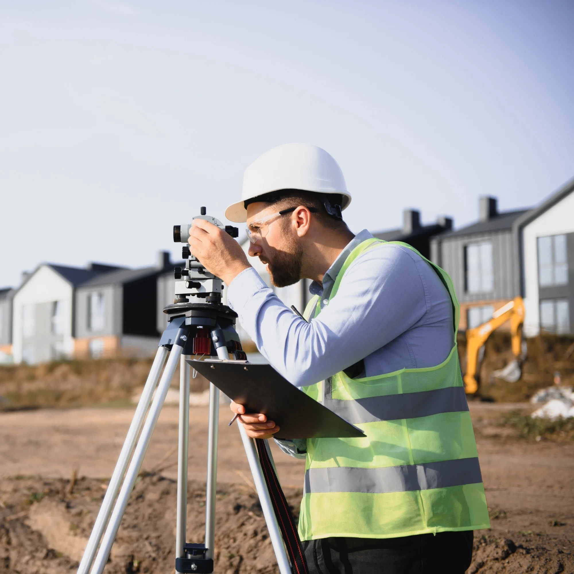 A surveyor wearing a hi-vis vest and hard hat capturing data on a construction site.