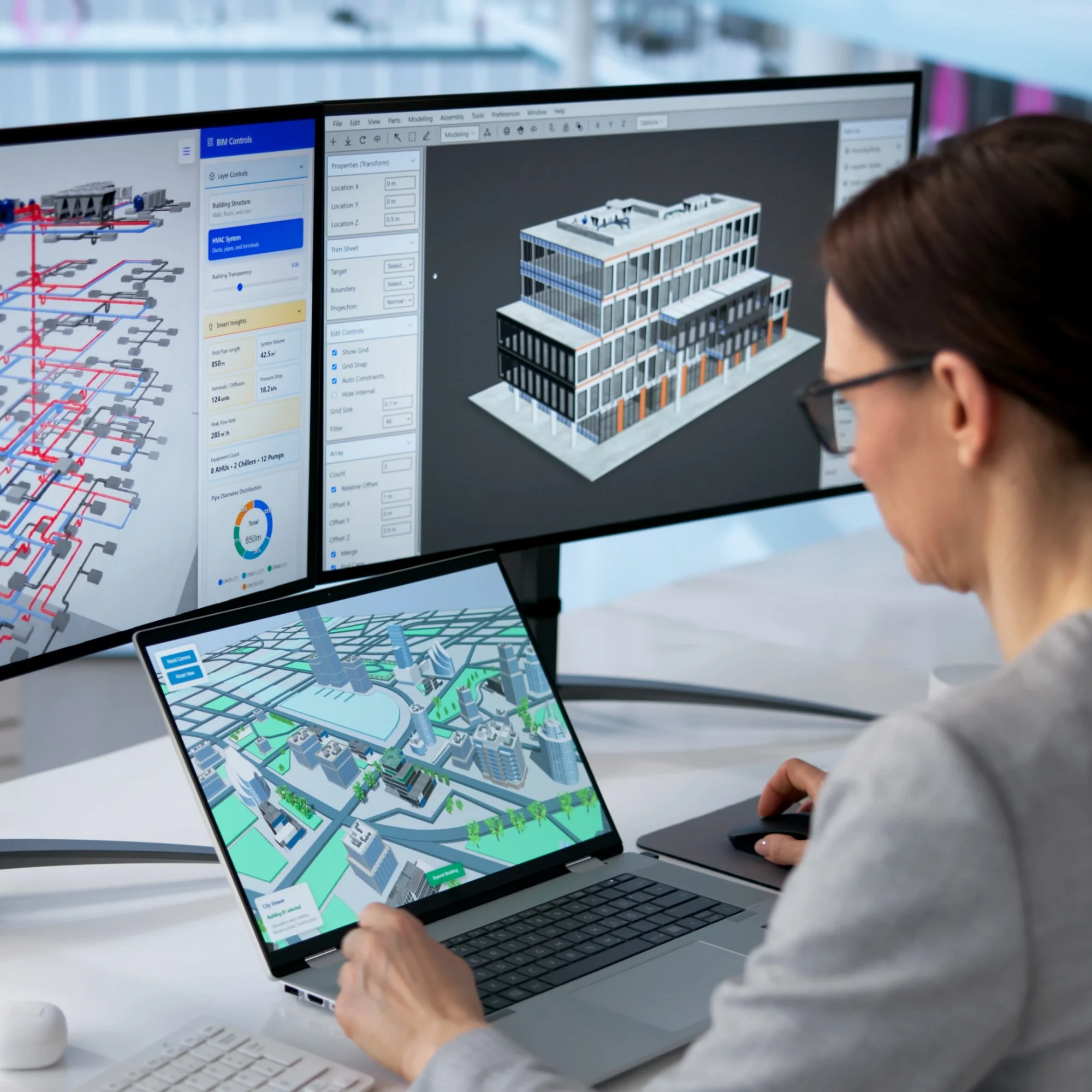 An architect looking at 3D building models on three monitors.