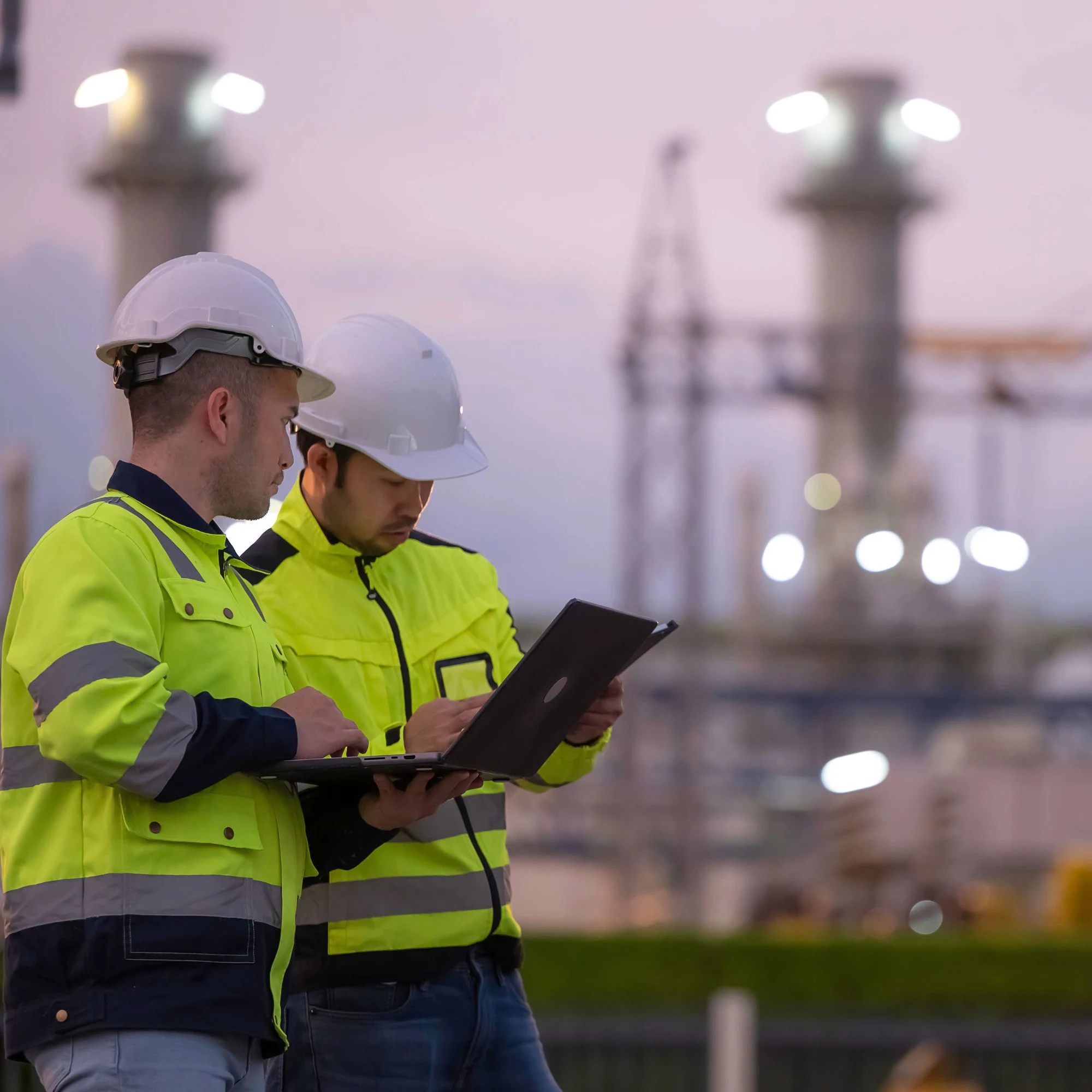 Two men in hi-vis jackets and hard hats on a construction site.