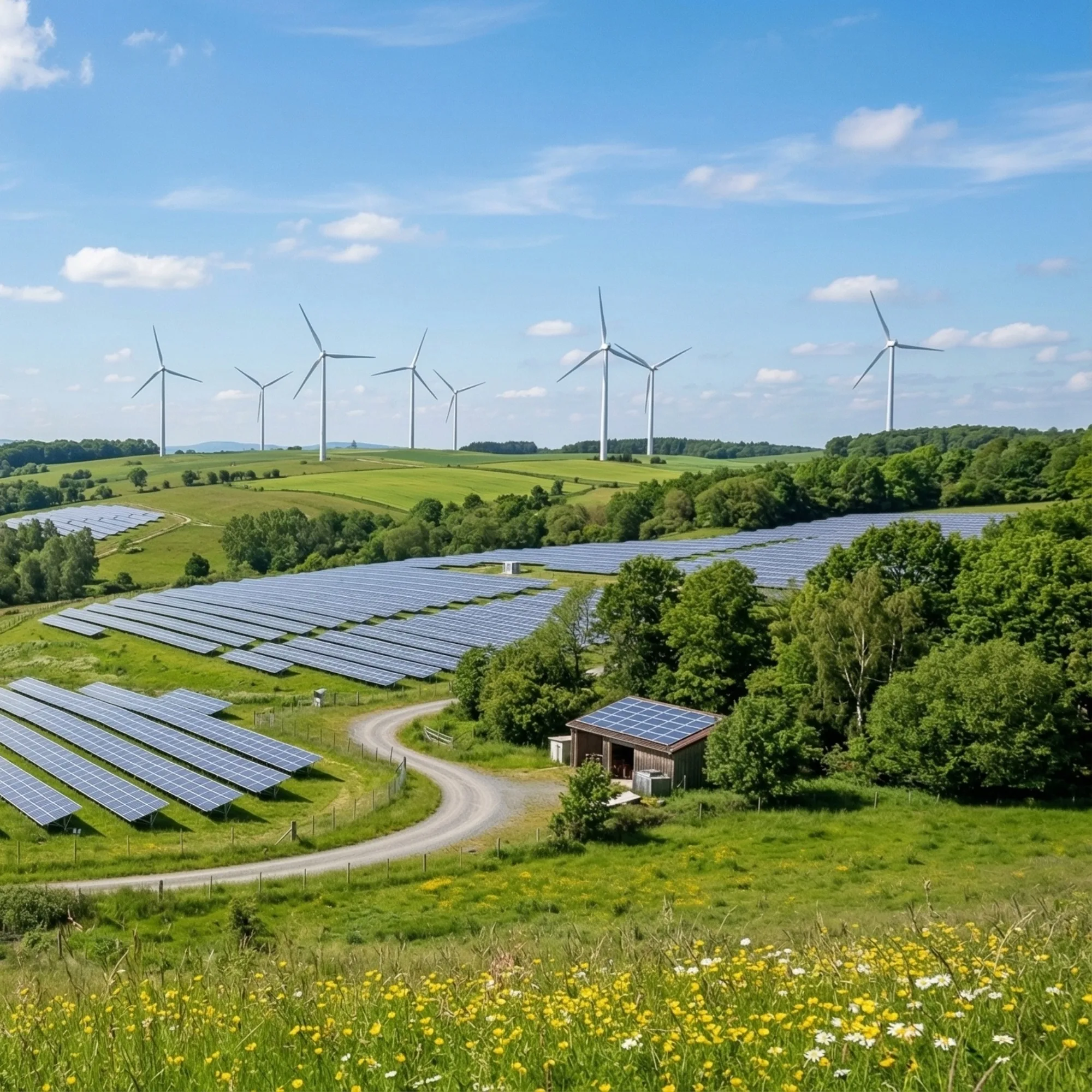 A solar farm with a wind farm visible in the distance.